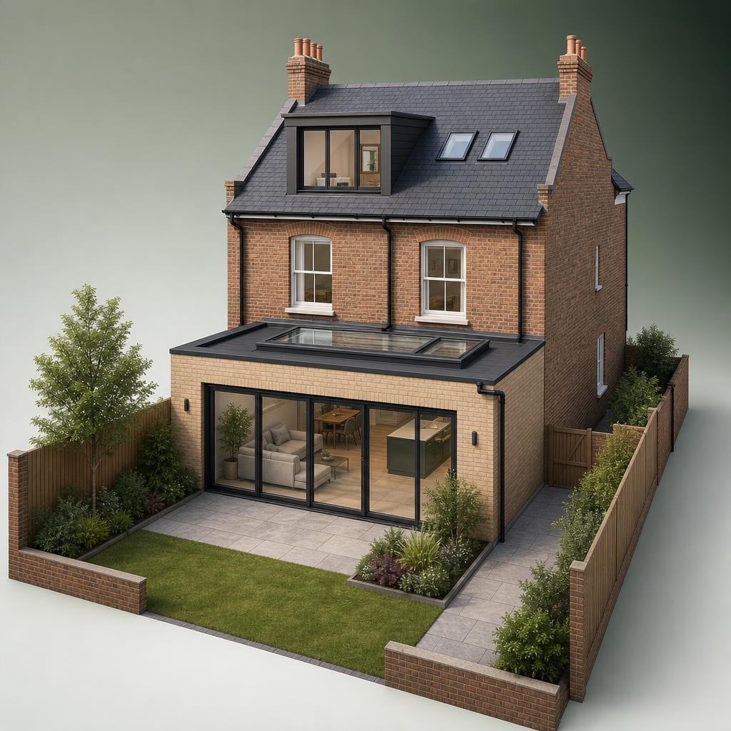 3D architectural model of a London house with a rear extension and dormer loft conversion